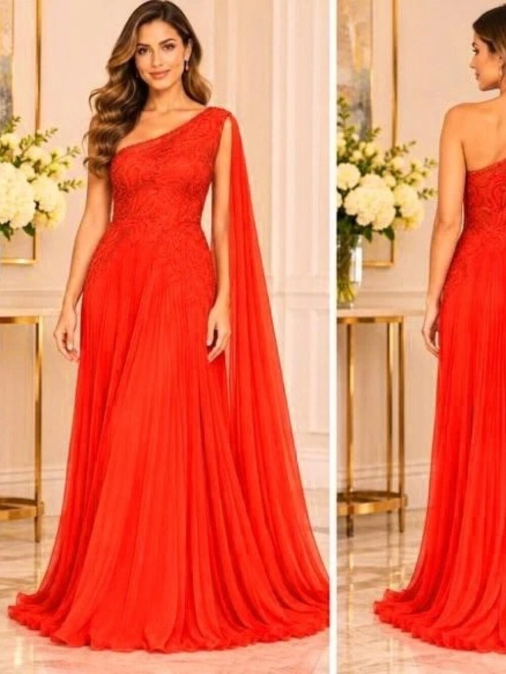 New Fashion Orange Chiffon Beaded Embroidered One Shoulder Gown
